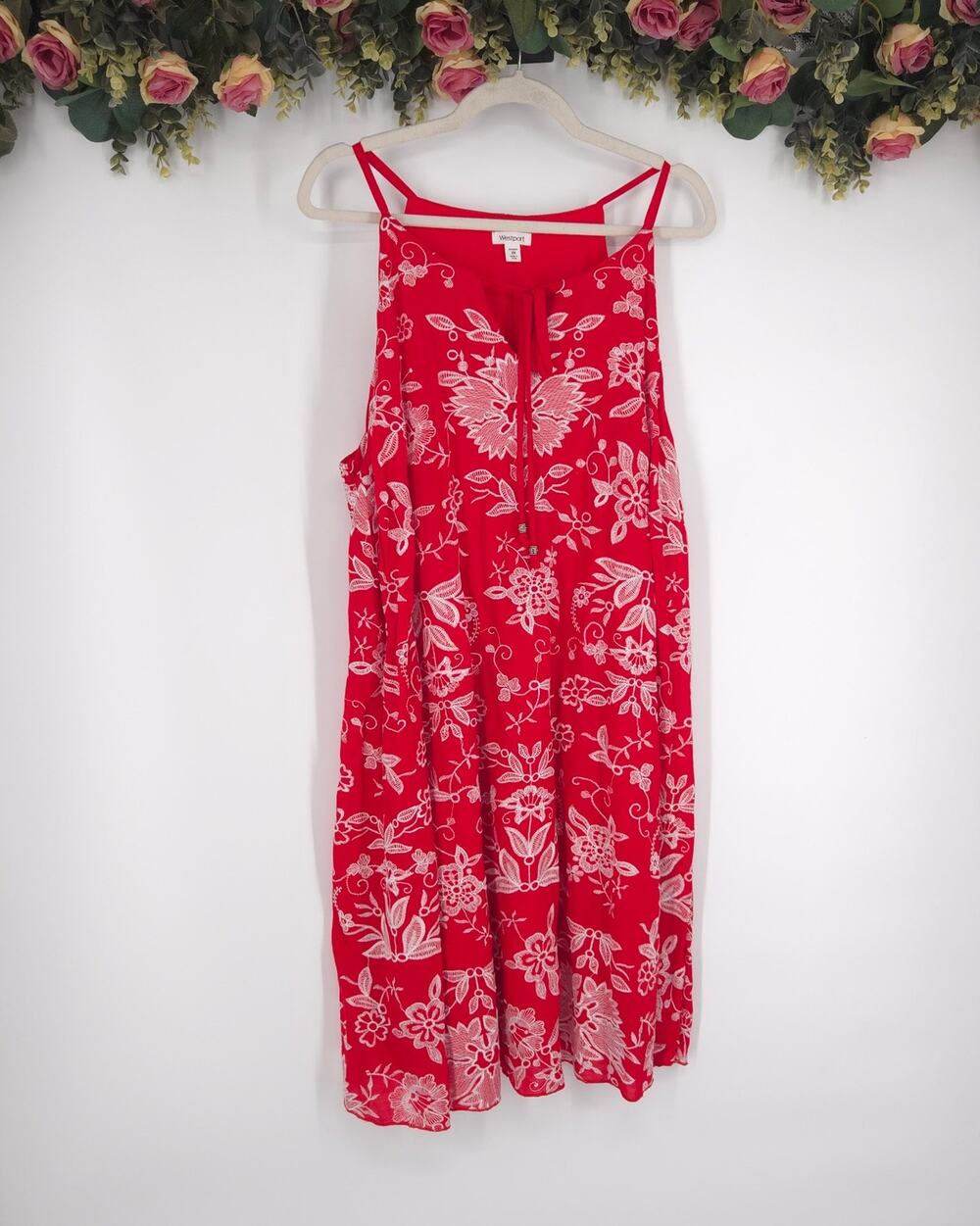 Westport Plus Size Red and White Floral Embroidered Sleeveless Dress Size 3X
